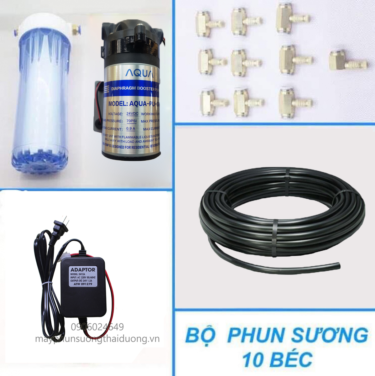 Combo hệ thống phun sương làm mát quán ăn, cafe gồm đủ phụ kiện